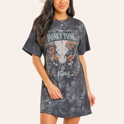Rock & Roll Denim Women's Distressed Gray Honky Tonk Nights Graphic T-shirt Dress In Black