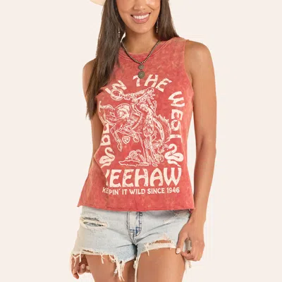 Rock & Roll Denim Women's Distressed Tangerine Yeehaw Graphic Tank Top In Red