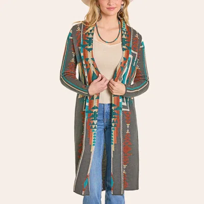 Rock & Roll Denim Women's Gray Aztec Print Sweater Duster