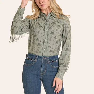Rock & Roll Denim Women's Green Cowboy Print Fringed Long Sleeve Pearl Snap Western Shirt
