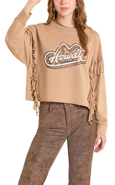 Rock & Roll Denim Women's Howdy Tan Fringe Sweatshirt In Sand