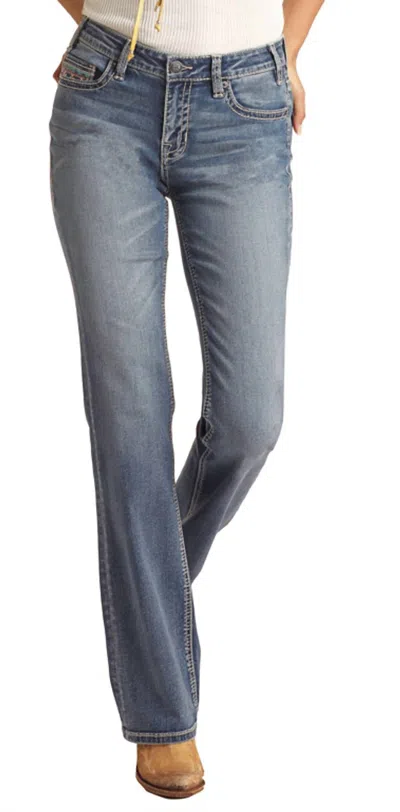 Rock & Roll Denim Women's Mid Rise Extra Stretch Bootcut Jeans In Aqua Aztec In Blue