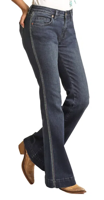 Rock & Roll Denim Women's Mid Rise Extra Stretch Contrast Side Seam Jean In Dark Wash In Blue