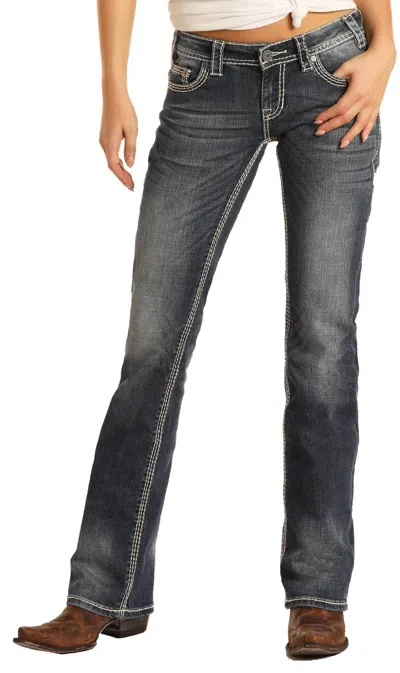 Rock & Roll Denim Women's Mid Rise Stretch Bootcut Riding Jeans In Dark Vintage Blue In Black