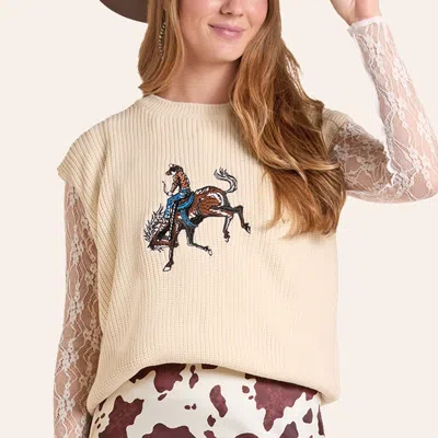 Rock & Roll Denim Women's Natural Cowboy Embroidered Ribbed Knit Sweater Vest