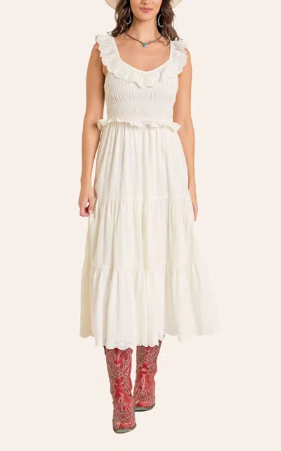 Rock & Roll Denim Women's Natural Ruched Eyelet Lace Tiered Midi Dress In Brown