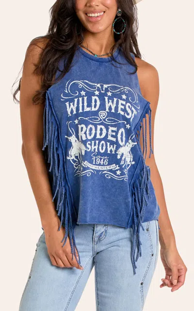 Rock & Roll Denim Women's Navy Rodeo Graphic Fringe Tank Top In Blue