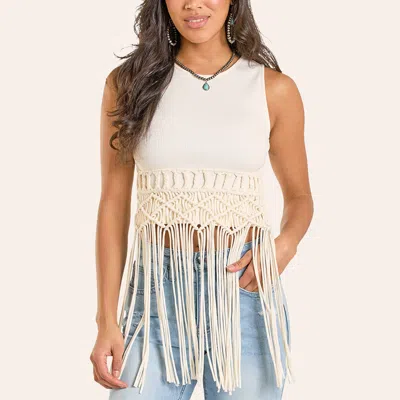 Rock & Roll Denim Women's Off White Macrame Fringe Tank Top In Brown