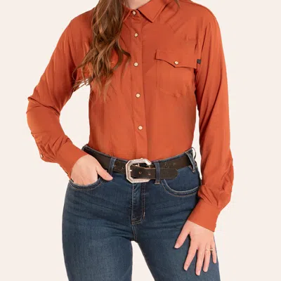 Rock & Roll Denim Women's Orange Long Sleeve Pearl Snap Tek Western Shirt In Brown
