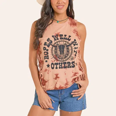 Rock & Roll Denim Women's Peach Ropes Well With Others Graphic Fringe Tank Top In Orange
