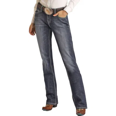 Rock & Roll Denim Women's Raised Denim Embroidery Riding Jean In Medium Wash Blue In Gray
