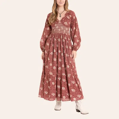 Rock & Roll Denim Women's Red Boho Print Smocked Long Sleeve Maxi Dress In Burgundy