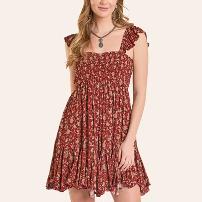Rock & Roll Denim Women's Red Floral Print Smocked Mini Dress In Burgundy