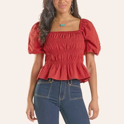 Rock & Roll Denim Women's Red Smocked Puff Sleeve Top