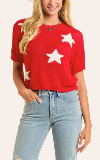 Rock & Roll Denim Women's Red White Star Short Sleeve Sweater