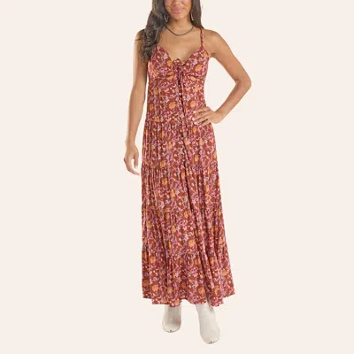Rock & Roll Denim Women's Rust Floral Print Tiered Maxi Dress In Red