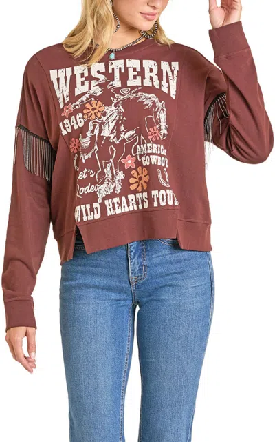 Rock & Roll Denim Women's Rust Western Graphic Fringe Pullover Sweatshirt In Burgundy