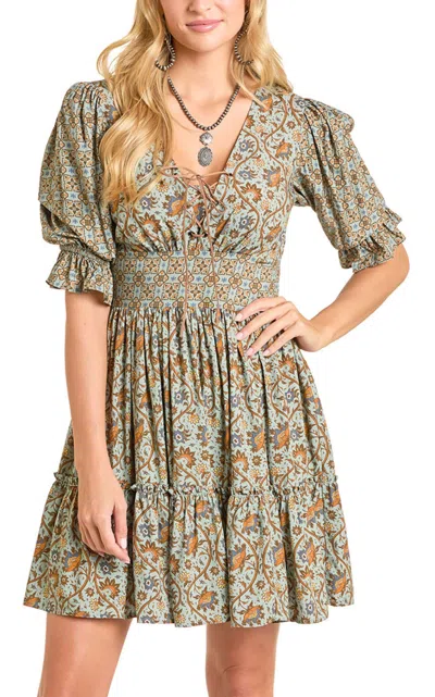 Rock & Roll Denim Women's Sage Green & Floral Ruffle Dress