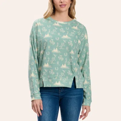 Rock & Roll Denim Women's Sage Western Icon Print Split Hem Long Sleeve Top In Blue