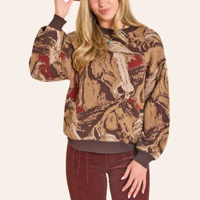 Rock & Roll Denim Women's Tan & Brown Horse Sweater In Burgundy