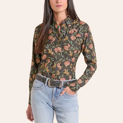 Rock & Roll Denim Women's Tek Black Floral Print Long Sleeve Pearl Snap Western Shirt