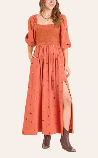 Rock & Roll Denim Women's Terracotta Embroidered Maxi Dress In Brown