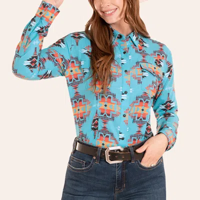 Rock & Roll Denim Women's Turquoise Aztec Print Long Sleeve Pearl Snap Tek Western Shirt In Blue