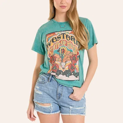 Rock & Roll Denim Women's Turquoise Western State Of Mind Graphic T-shirt In Green
