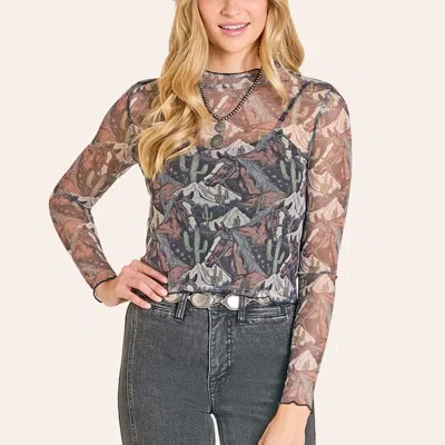 Rock & Roll Denim Women's Western Print Mesh Top In Black
