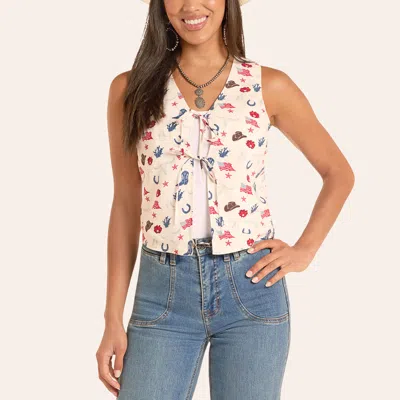 Rock & Roll Denim Women's White Americana Print Tie Front Vest In Multi