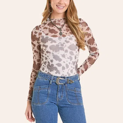 Rock & Roll Denim Women's White & Brown Cow Print Mesh Top