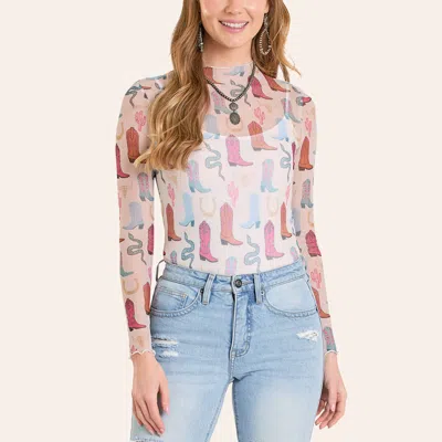 Rock & Roll Denim Women's White Boot Print Long Sleeve Mesh Top In Brown