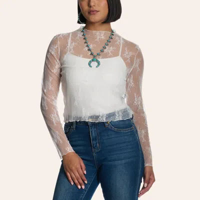 Rock & Roll Denim Women's White Floral Print Mesh Long Sleeve Top In Brown