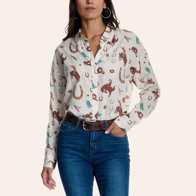 Rock & Roll Denim Women's White Western Icon Print Long Sleeve Shirt In Brown