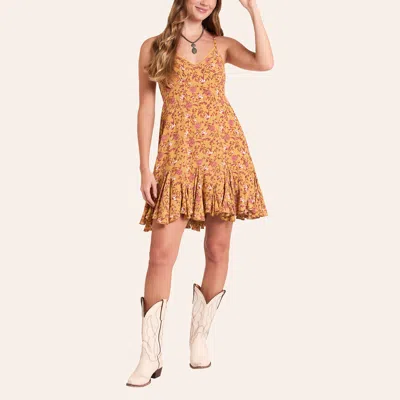 Rock & Roll Denim Women's Yellow & Rust Floral Print Handkerchief Hem Dress In Gold