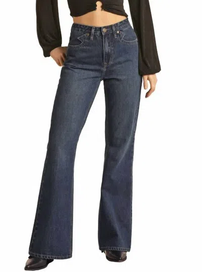 Rock & Roll Denim Yoke Detail High Rise Flare Jeans In Medium Wash In Multi