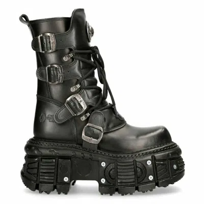Pre-owned Rock Boots Tank373-s1 Black Leather Unisex Combat Platform Biker Goth Shoes