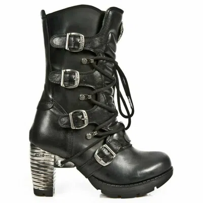 Pre-owned Rock Boots Tr003-s1 Ladies Metallic Black Leather Biker Heel Goth Punk Shoes