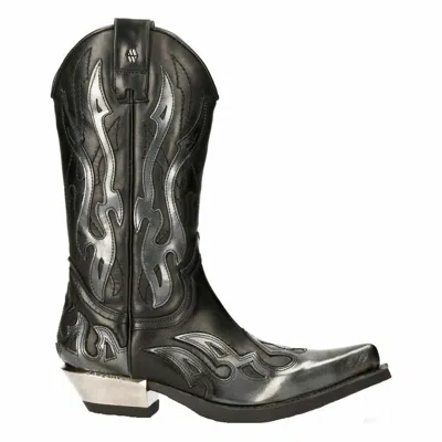 Pre-owned Rock M-7921-s3 Silver Flame Boots Black Leather Heavy Biker Western Cowboy