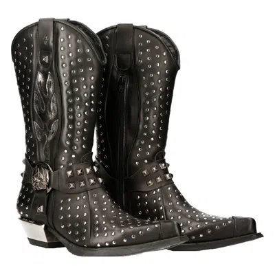 Pre-owned Rock M-7928-s1 Western Cowboy Boots Black Leather Heavy Biker Silver Studs