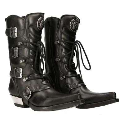 Pre-owned Rock M-7993-s1 Western Cowboy Boots Black Leather Buckle Heavy Biker Shoes