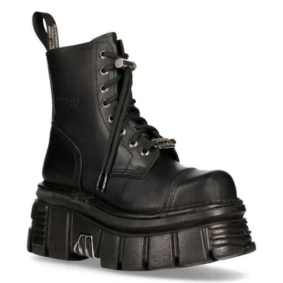 Pre-owned Rock M-newmili083-s21 Tower Combat Boots Black Leather Platform Biker Shoes In Gray