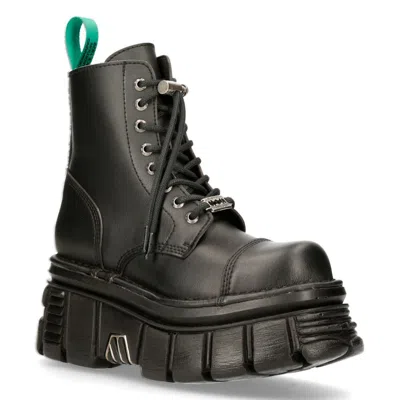 Pre-owned Rock M-newmili083-vs2 Vegan Boots Combat Black Leather Platform Biker Shoes