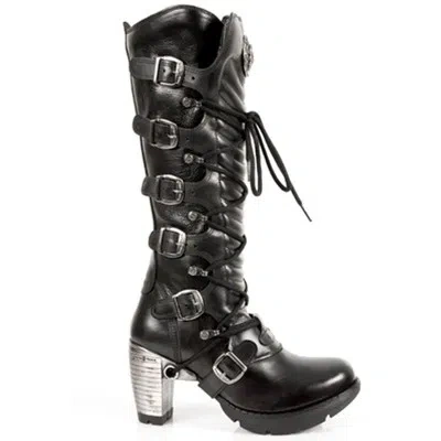 Pre-owned Rock Tr004-s1 Ladies Black 100% Leather Buckle Lace Knee High Biker Boots