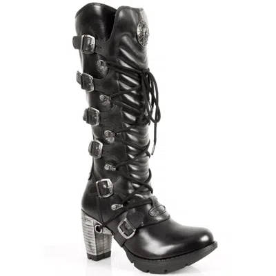 Pre-owned Rock Tr004-s1 Ladies Black Leather Boots Buckle Lace Knee High Biker Boots