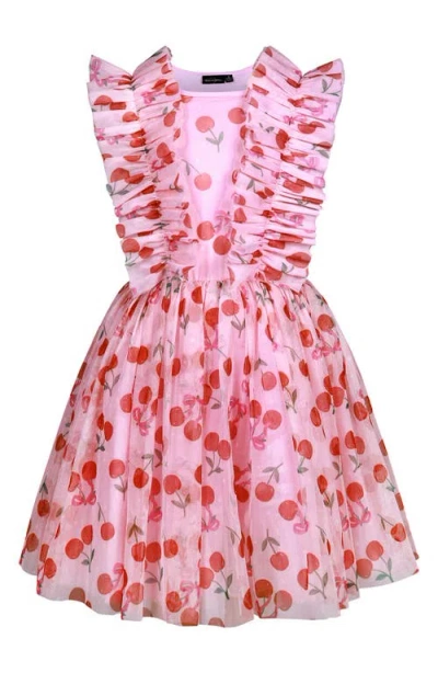 Rock Your Kid Kids' Cherry Print Ruffle Tulle Party Dress In Pink