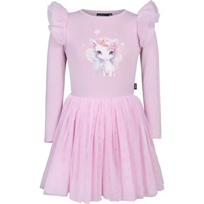 Rock Your Kid Kids' Rebel Unicorn Long Sleeve Tulle Graphic Dress In Pink