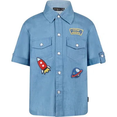 Rock Your Kid Kids' Space Appliqué Short Sleeve Cotton Chambray Snap-up Shirt In Blue