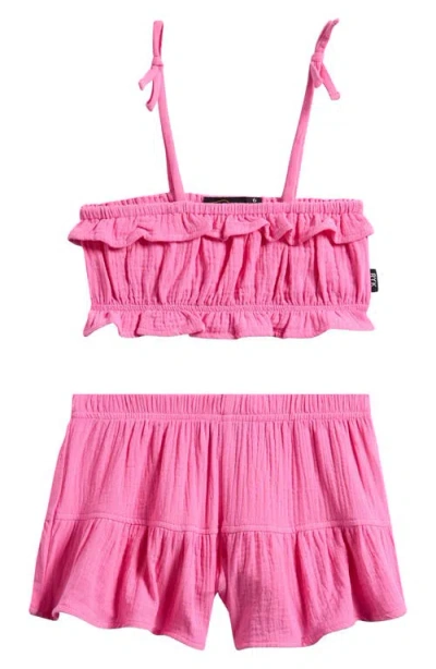 Rock Your Baby Kids' Ruffle Cotton Muslin Crop Top & Shorts Set In Pink