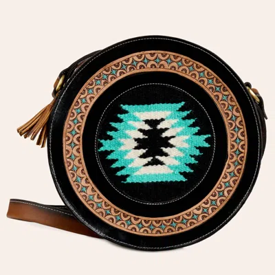 Rockin' C Black & Turquoise Aztec Knit Round Crossbody Bag In Blue